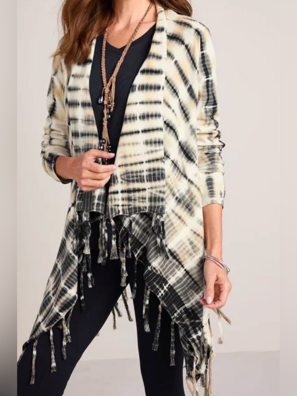Soft Surroundings Ink Blue Tan & White Tie-Dye Fringe Open Cardigan/Dress small